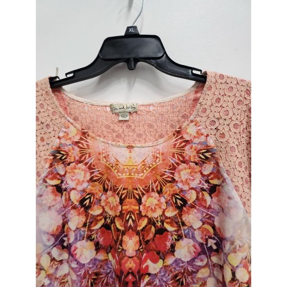 Live & Let Live Women BOHO Top Size Large Coral Floral Lace Yoke Flutter Sleeve - Picture 2 of 9